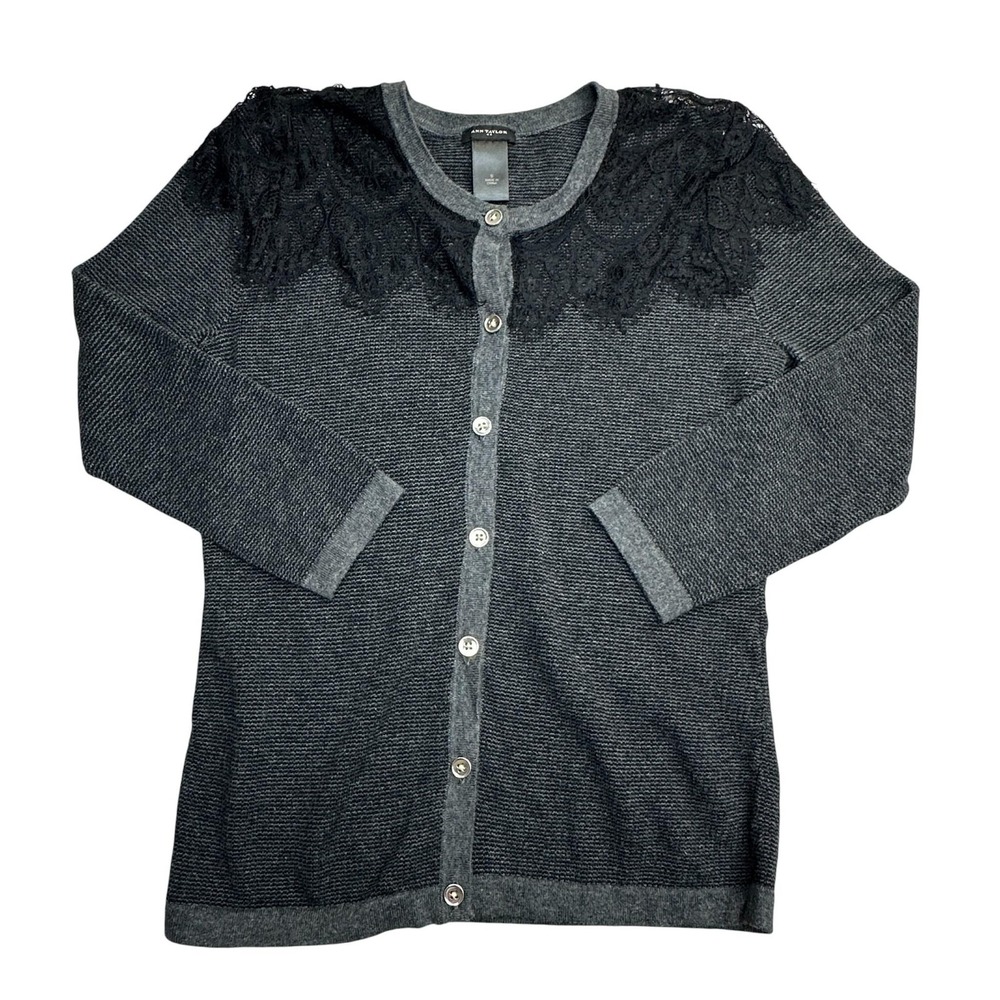 Ann Taylor Cardigan Sweater Womens‎ Small Gray Lace Yoke Button Front Knit